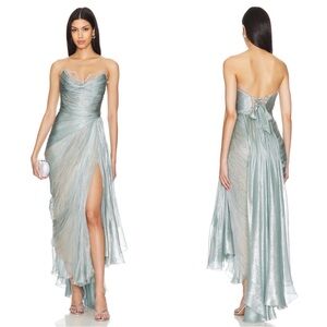 MARIA LUCIA HOHAN Jolie Strapless Lace Ruched Draped Silk Blue Maxi Dress Sz 2